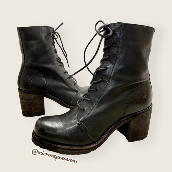 $429 Frye Karen Lace Up Black Real Leather Combat Short Chunky Comfy Ankle Boot - Picture 9 of 16